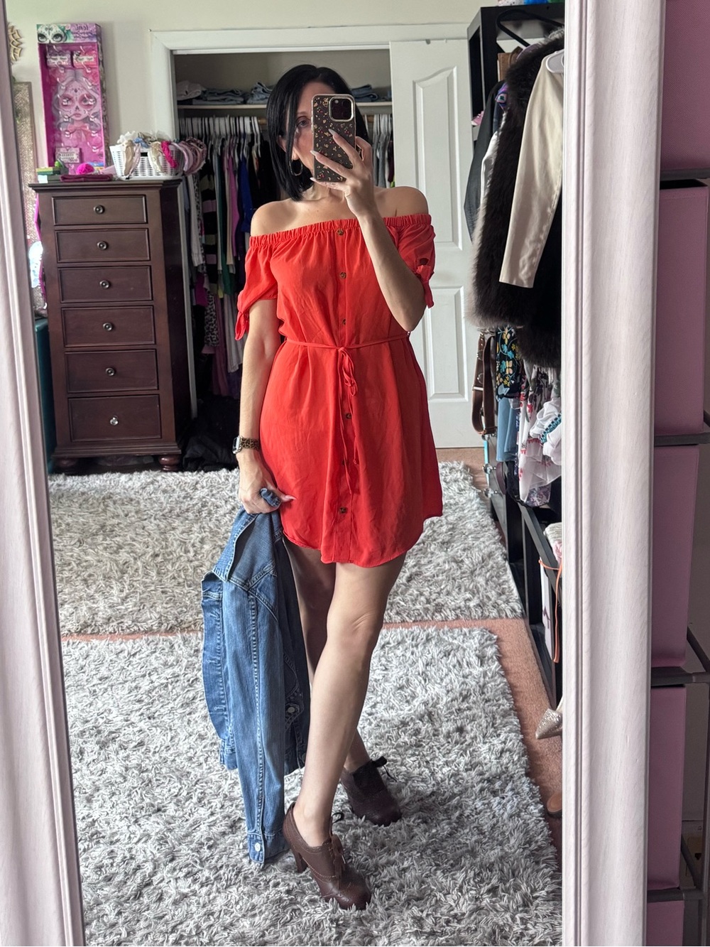 Off-Shoulder Orange Button-Front Dress